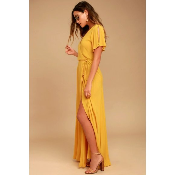 Lulus Much Obliged Golden Yellow Wrap Maxi Dress Women's Size M - Picture 13 of 14